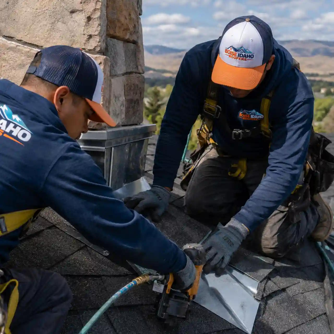 Roofing crew installing flashing on a commercial roof — temporary placeholder photo, replace before launch