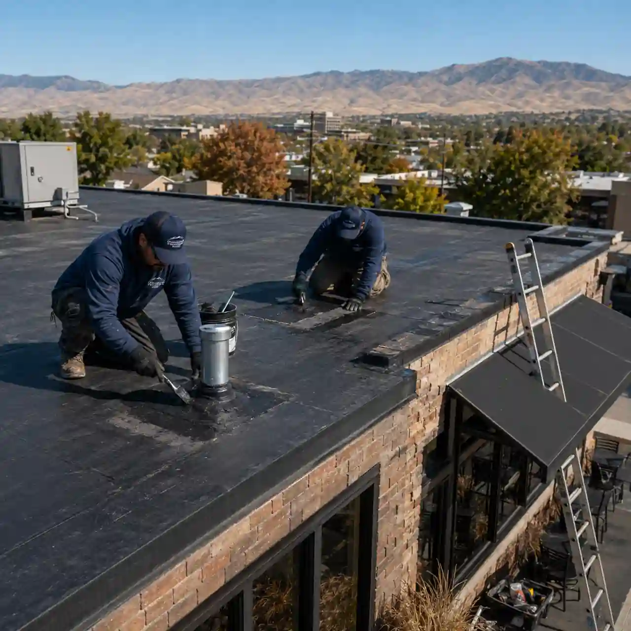 Commercial roof repair crew coating a restaurant rooftop in Boise