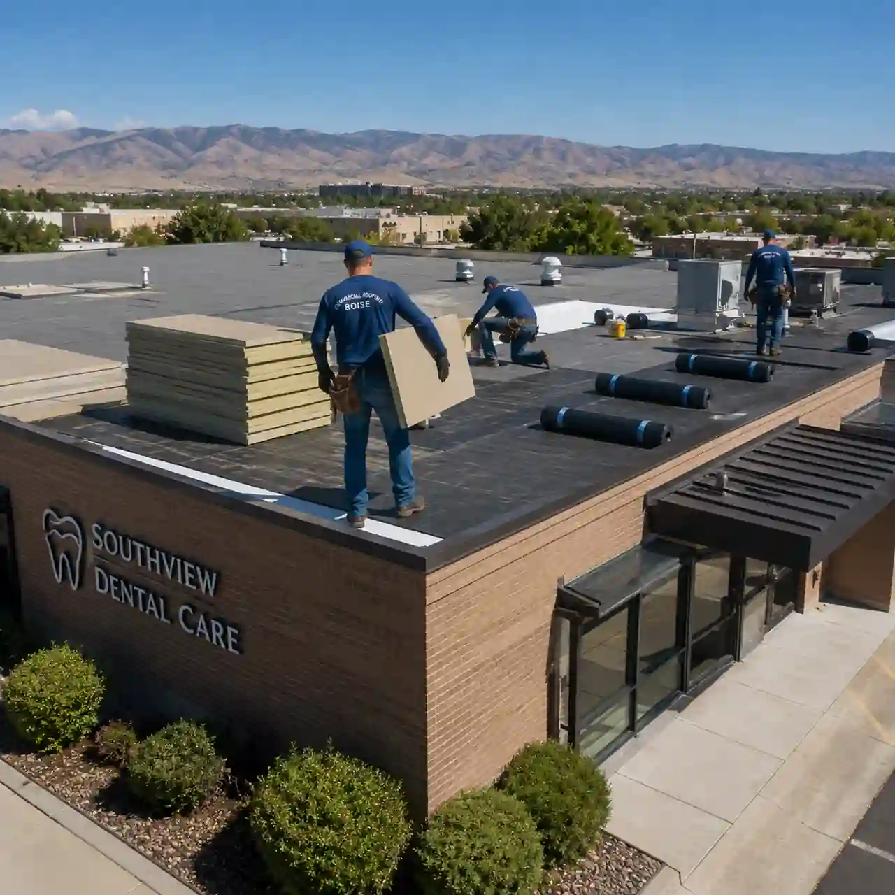 Commercial roof replacement crew installing insulation board at Southview Dental Care in Boise