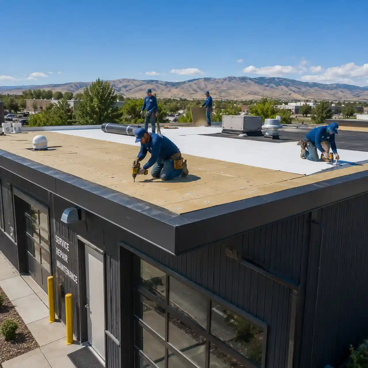 Commercial roof replacement crew installing insulation and membrane on a Boise commercial building