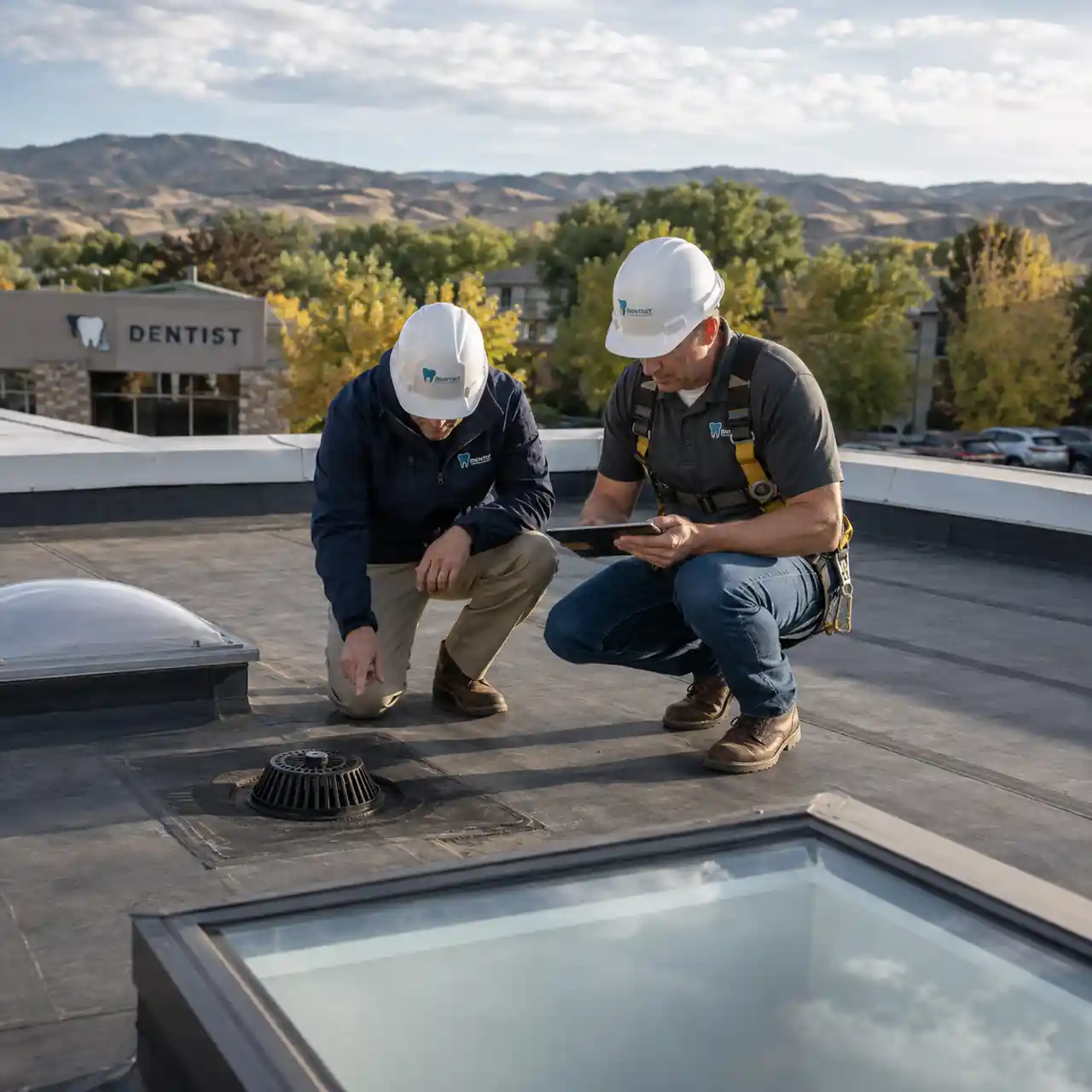 Commercial roof inspectors reviewing a roof drain at a Boise dental office building