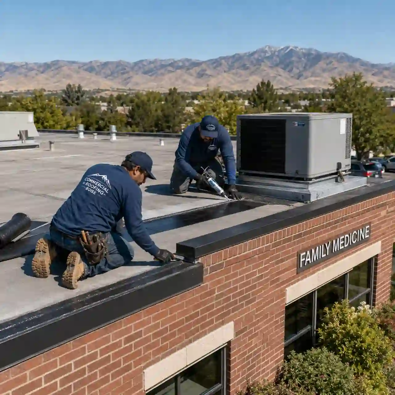 Emergency roof repair crew sealing flashing at a Family Medicine building in Boise