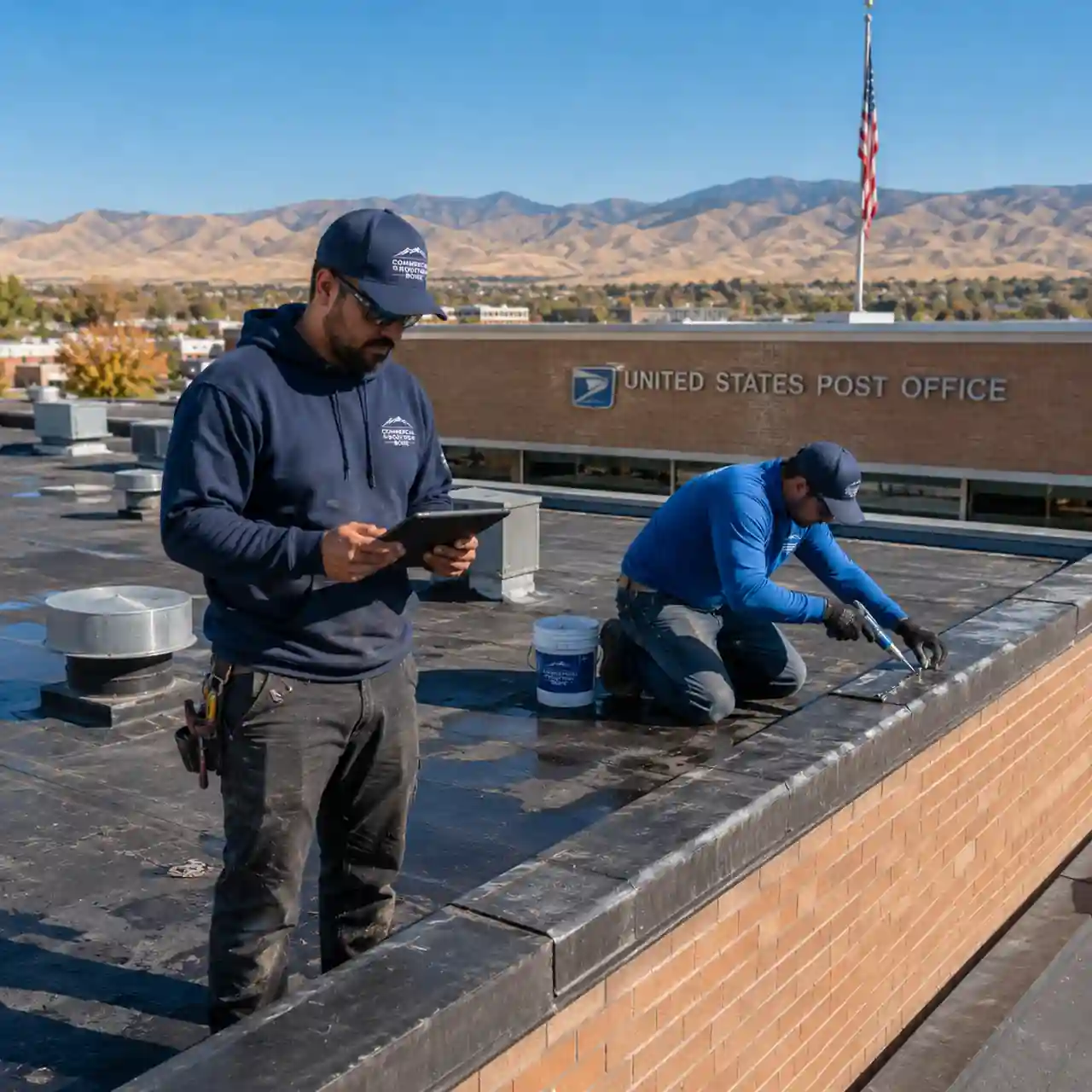 Emergency roof repair crew documenting and patching a United States Post Office roof in Boise