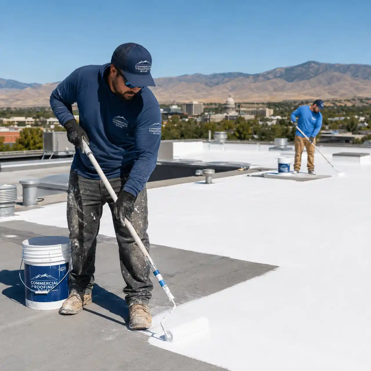 Emergency roof repair crew applying reflective coating on a Boise commercial roof